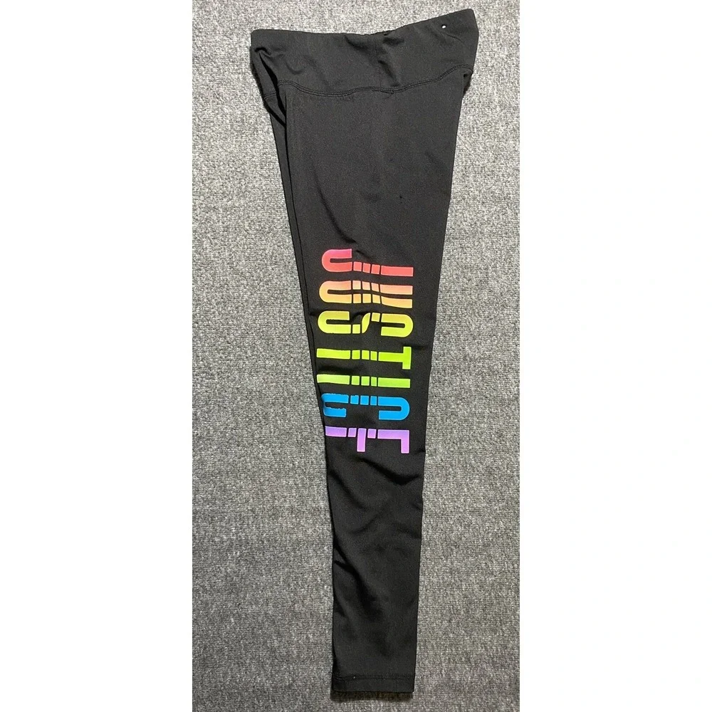 Girl's Size 10  JUSTICE Black Rainbow Glitter Logo Leggings